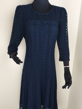 Rabbit Rabbit Rabbit Designs Navy Crochet Lace Midi Dress 3/4 Sleeve 14